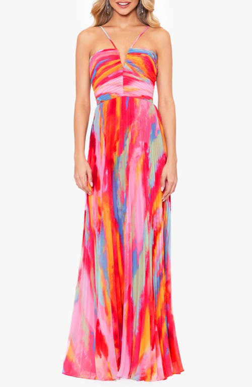 Xscape Evenings Print Pleated Gown In Fuchsia/pink/multi