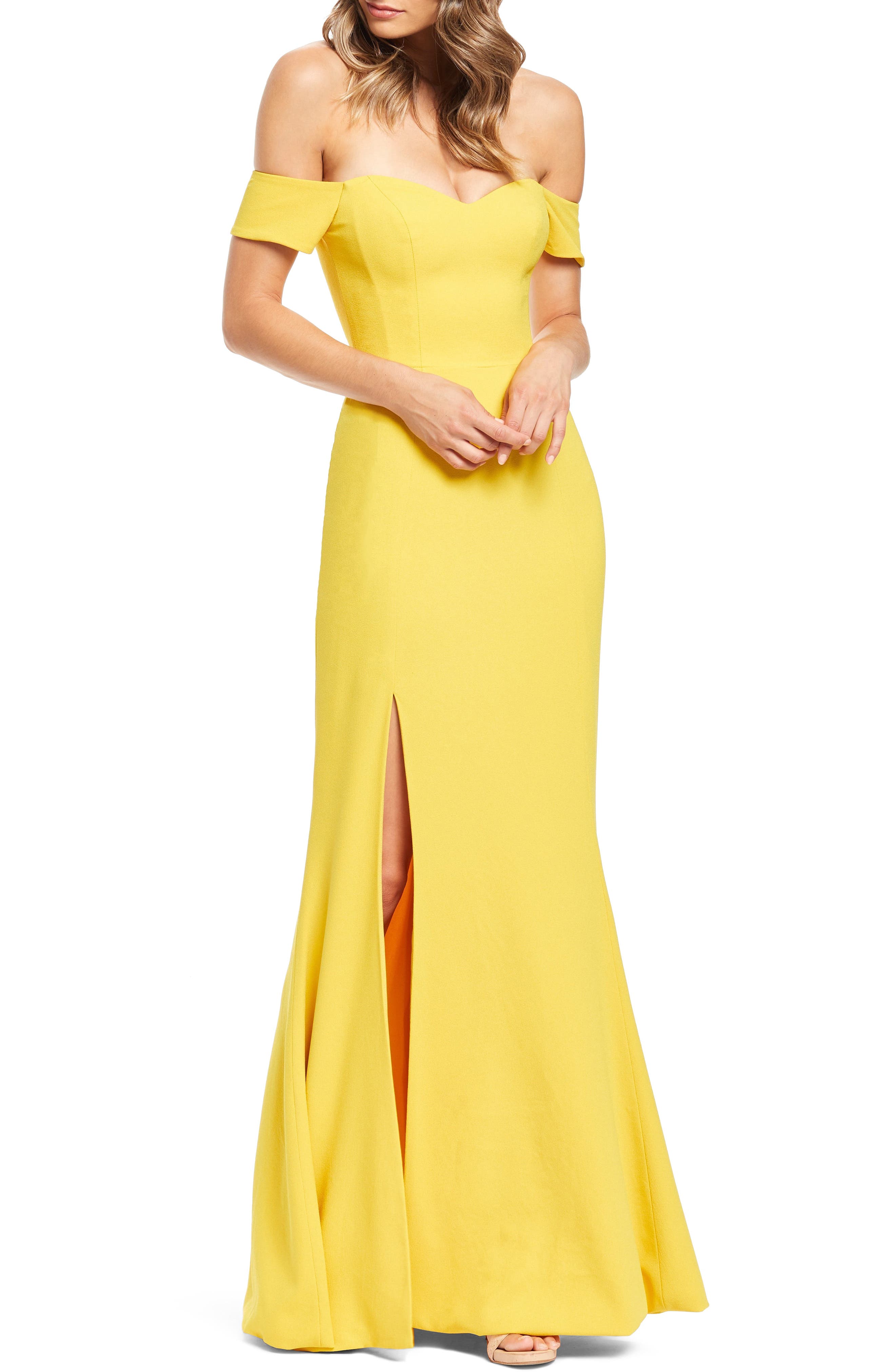 Dress The Population Logan Off The Shoulder Evening Dress, Yellow