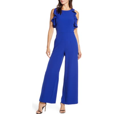 Julia Jordan Crepe Ruffle Trim Wide Leg Jumpsuit, Blue
