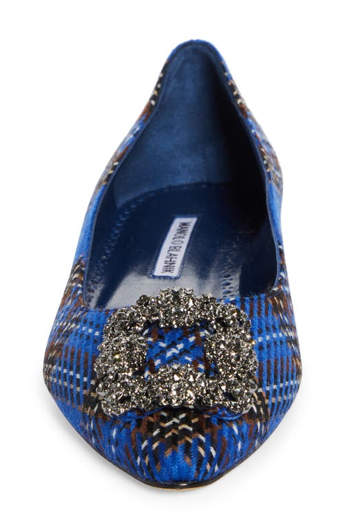 Shop Manolo Blahnik Hangisi Crystal Buckle Pointed Toe Virgin Wool Flat In Blue Tartan