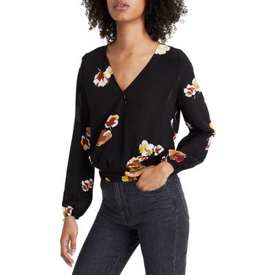 Madewell Gallery Floral Wrap Top, Black