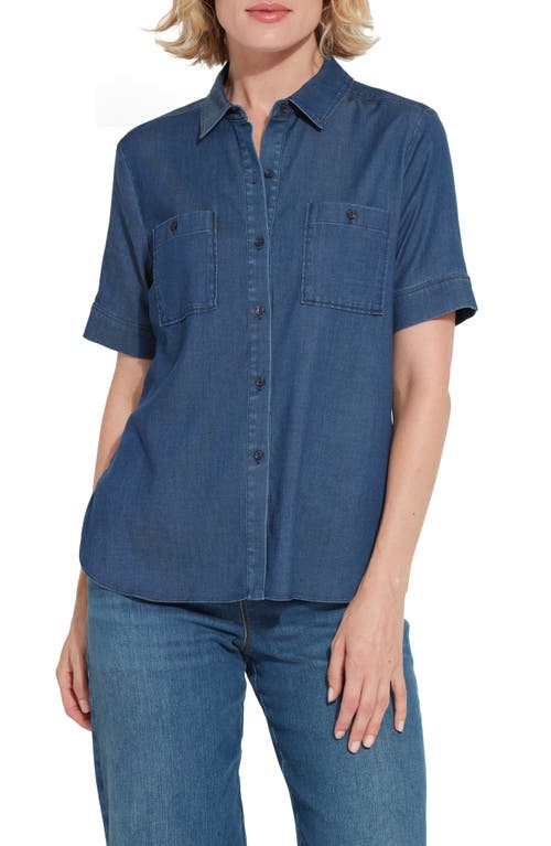 Lyssé Lola Short Sleeve Stretch Chambray Button-Up Shirt in Dark Midwash