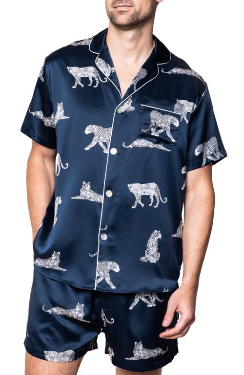 Panther Print Silk Short Pajamas in Navy