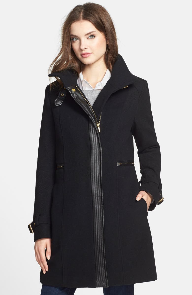 Cole Haan Faux Leather Trim Textured Wool Coat | Nordstrom