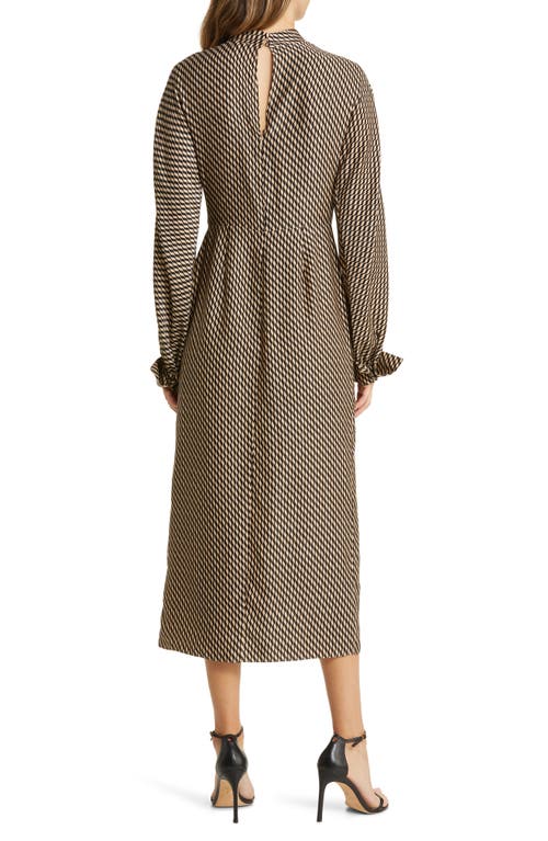 Zoe And Claire Squiggle Line Long Sleeve Mock Neck Midi Dress In Taupe/black