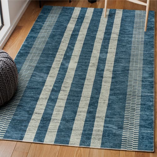 Shop Jonathan Y Vichy Geometric Striped Machine-washable Area Rug In Blue/cream