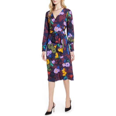 Halogen Long Sleeve Wrap Midi Dress, Burgundy