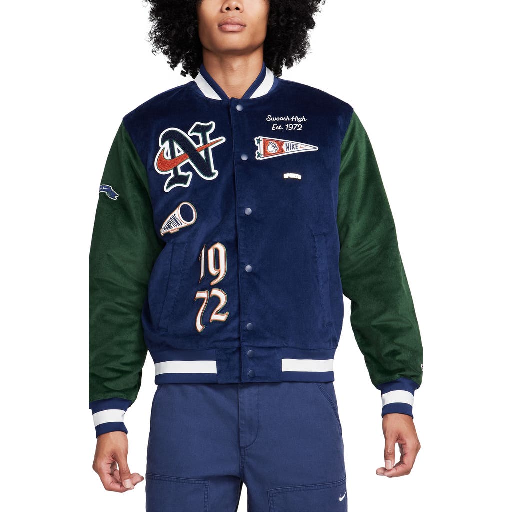 Nike Corduroy Varsity Jacket In Midnight Navy/fir