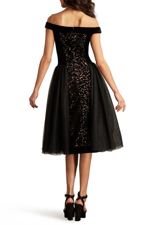 Shop Tadashi Shoji Laser Cut Velvet Off The Shoulder Cocktail Dress In Black/beige