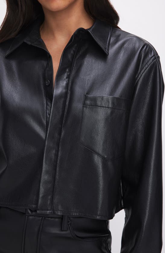 Good American Better Than Leather Crop Faux Leather Button-up Shirt In Black001