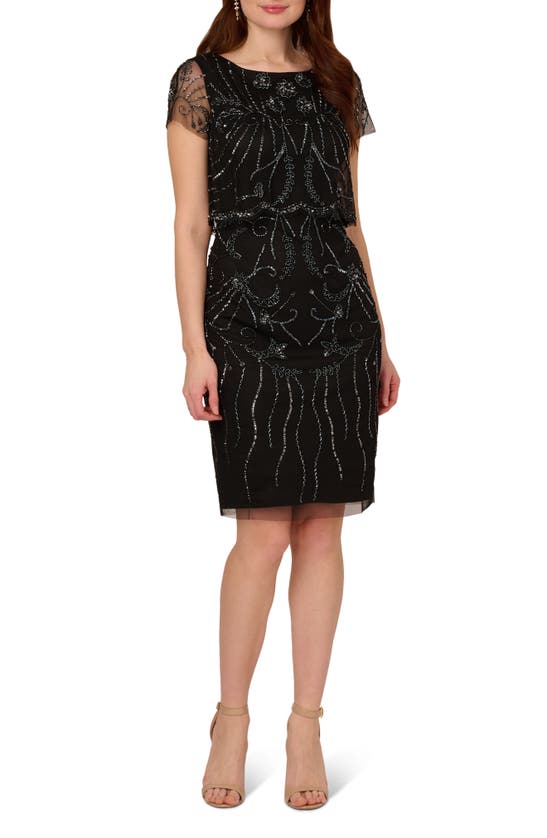 Adrianna Papell Beaded Cocktail Dress In Black/ Gunmetal