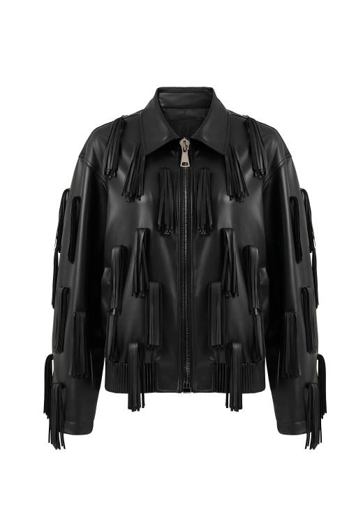 Shop Nocturne Fringe Detail Faux Leather Jacket In Black