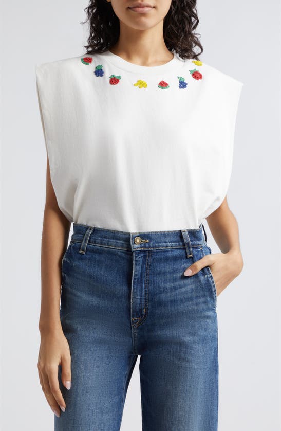 Farm Rio Fruit Bead Embellished Cotton Muscle T-shirt In White