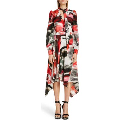 Alexander Mcqueen Rose Print Silk Asymmetrical Long Sleeve Dress, US / 40 IT - Red