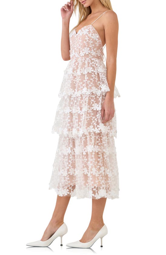 Shop Endless Rose Floral Embroidered Tiered Lace Midi Dress In White