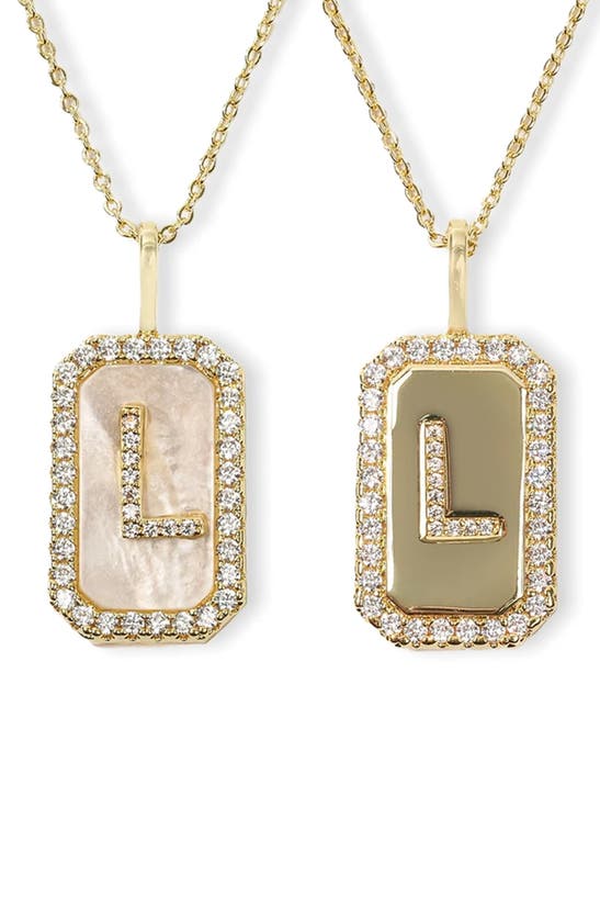 Shop Melinda Maria Love Letters Double Sided Mother-of-pearl Initial Pendant Necklace In White Cubic Zirconia/ Gold - L