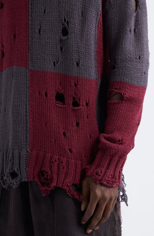 Shop Song For The Mute Checker Oversize Distressed Sweater In Burgundy/charcoal