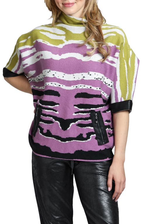 Shop Apny Tiger Pattern Dolman Sleeve Sweater With Faux Leather Trim In Magenta Multi