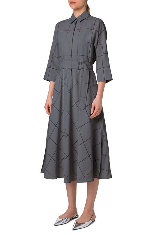 Akris Punto Windowpane Check Belted Midi Shirtdress In Silver