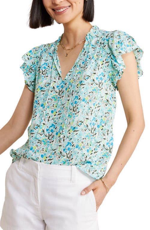 Cupro & Silk Flutter Sleeve Top in Painted Tulips-White