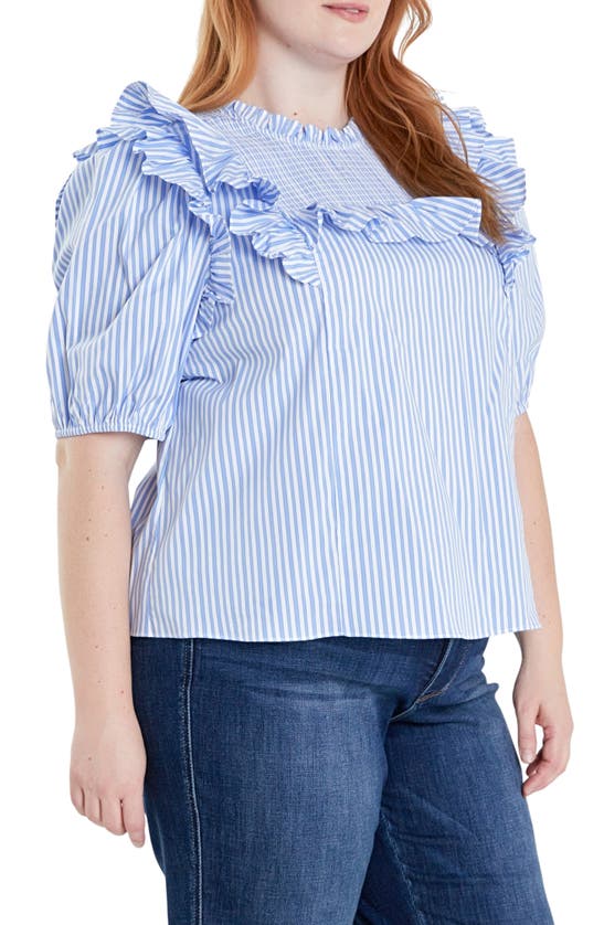 English Factory Smocked Ruffle Top In White/powder Blue