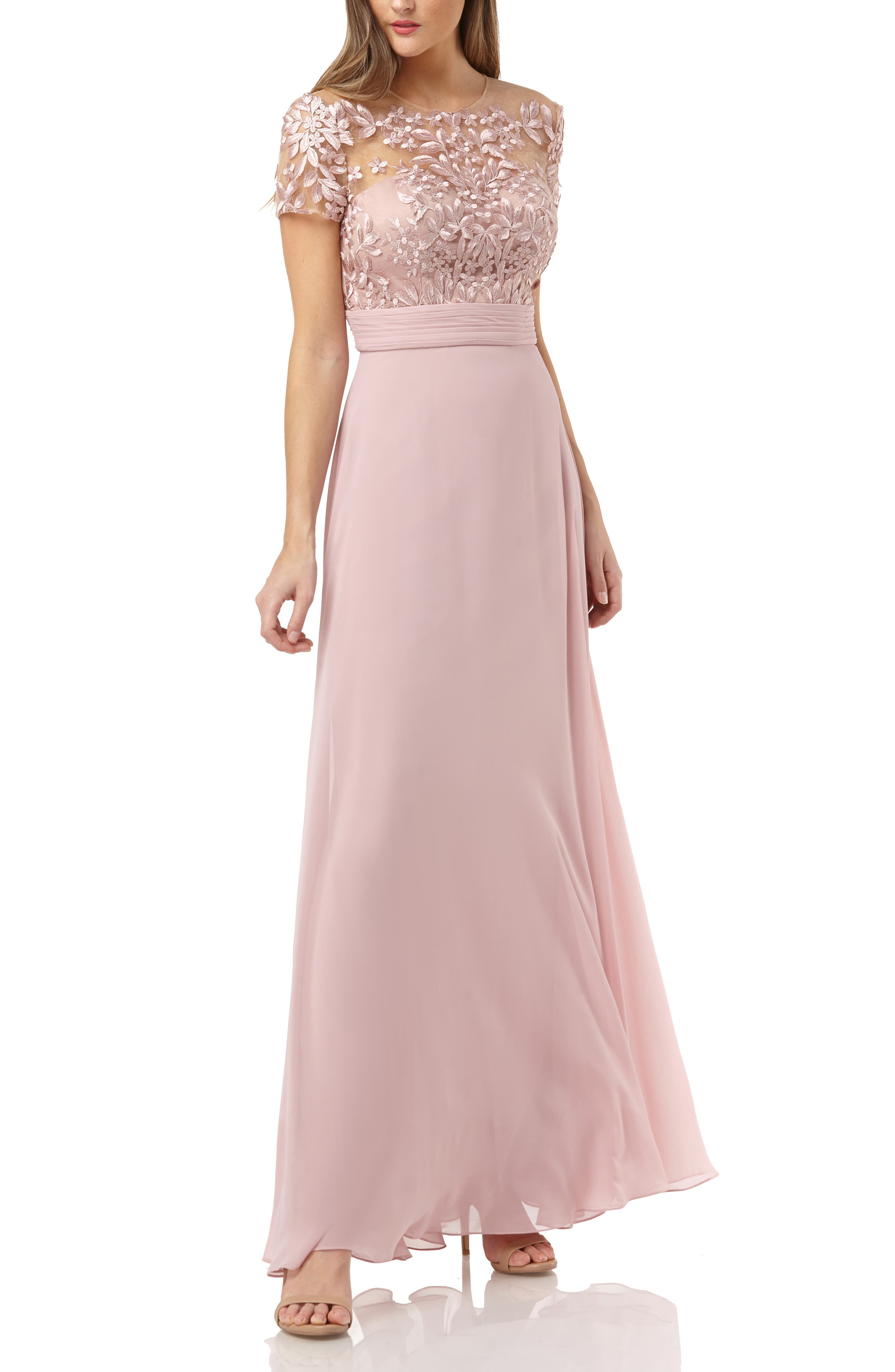 Petite Js Collections Embroidered Illusion Bodice Gown, Pink