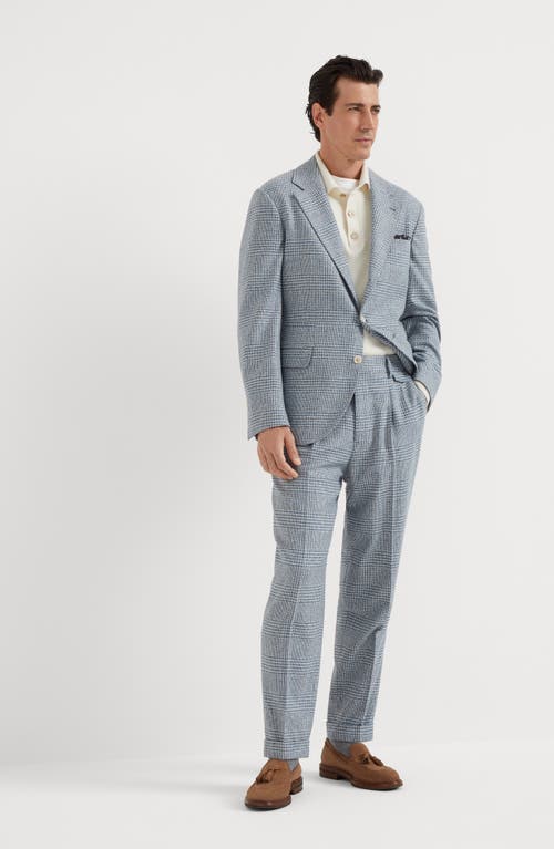 Shop Brunello Cucinelli Comfort Wool, Silk And Cashmere Prince Of Wales Leisure Fit Trousers With Double  In Azure