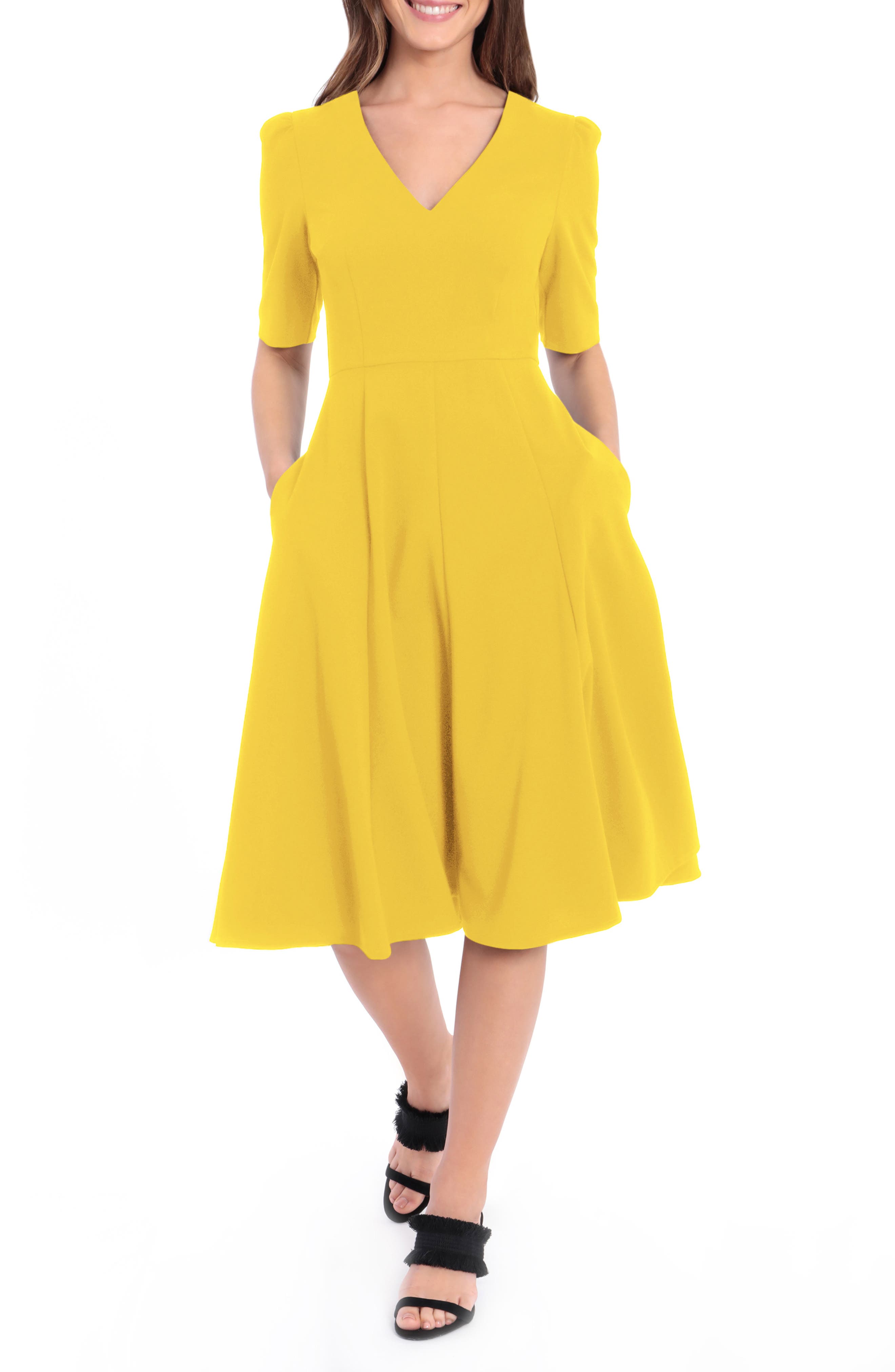 Donna Morgan V-neck Fit & Flare Dress In Sunny Yellow