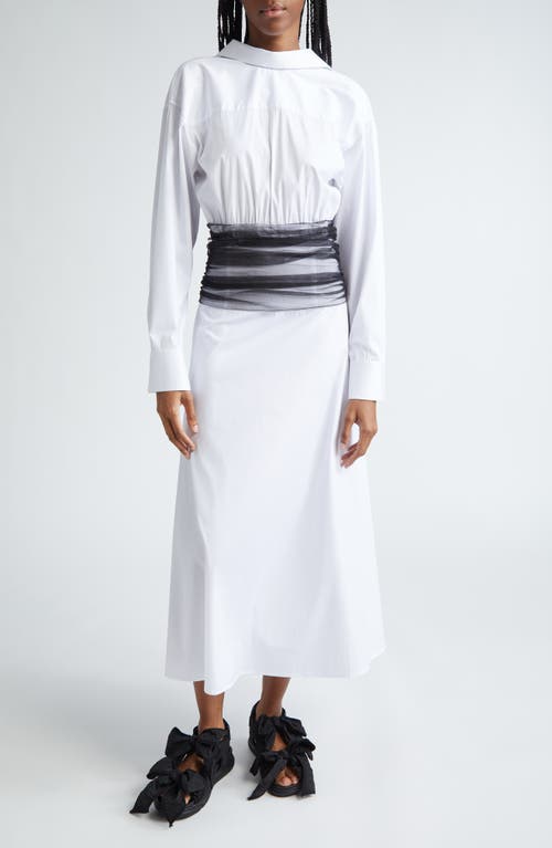 Drew Tulle Waist Long Sleeve Poplin Shirtdress in White