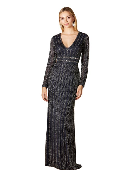 Shop Lara New York Long Sleeve Beaded Gown In Navy