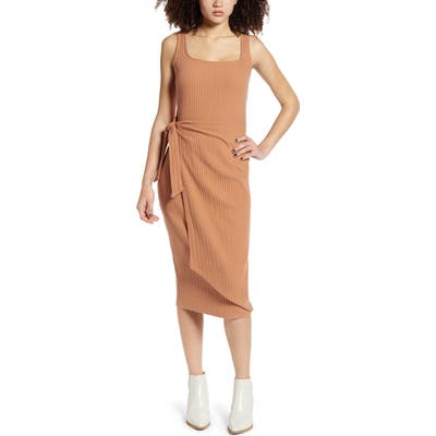 All In Favor Ribbed Tie Waist Tank Dress, Brown