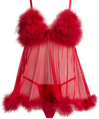 Coquette Feathery Babydoll Chemise & G-String Set