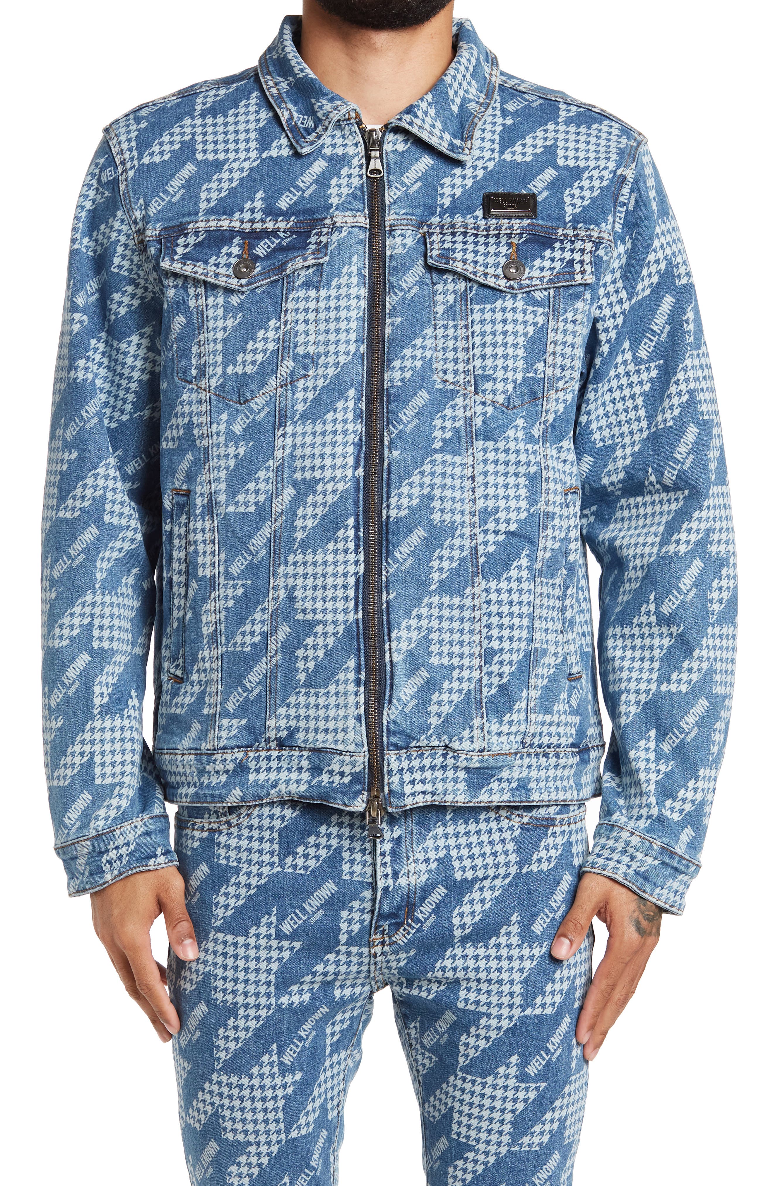 WELL KNOWN Houndstooth Zip Denim Jacket 
