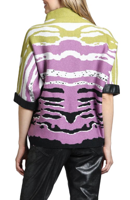 Apny Tiger Pattern Dolman Sleeve Sweater With Faux Leather Trim In Magenta Multi