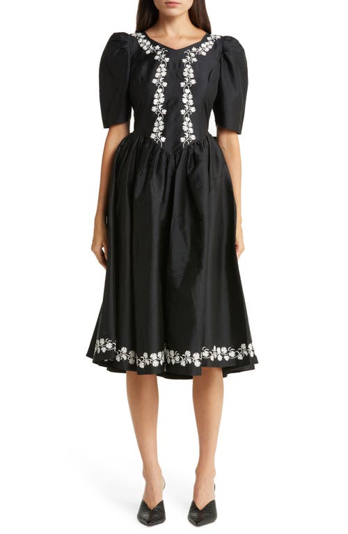 Batsheva Jolie Embroidered Cotton Dress in Black With White Embroidery