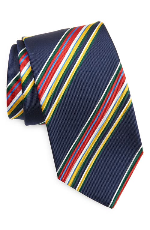 Track Stripe Silk & Cotton Tie in Navy Multi