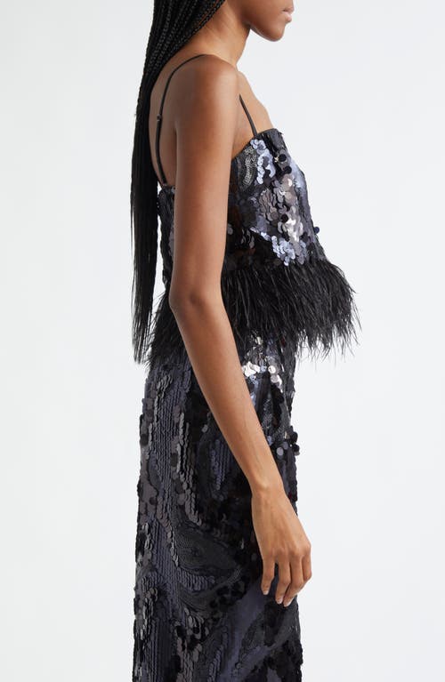 Shop Ramy Brook Stanley Sequin Feather Trim Camisole In Black Sequin Swirl