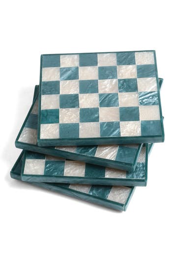 Tiramisu Set Of 4 Checkered Resin Coasters In Blue