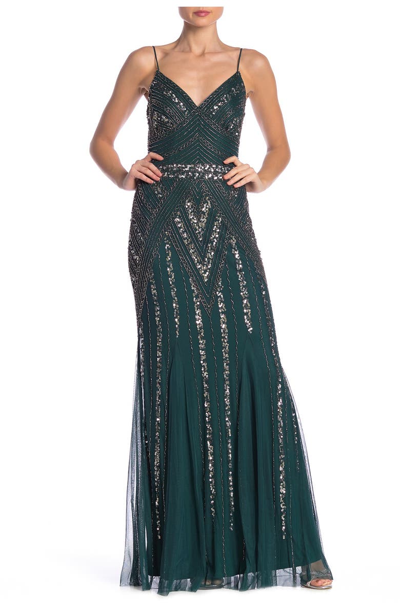 MARINA Embellished V-Neck Gown, Main, color, HUNTER