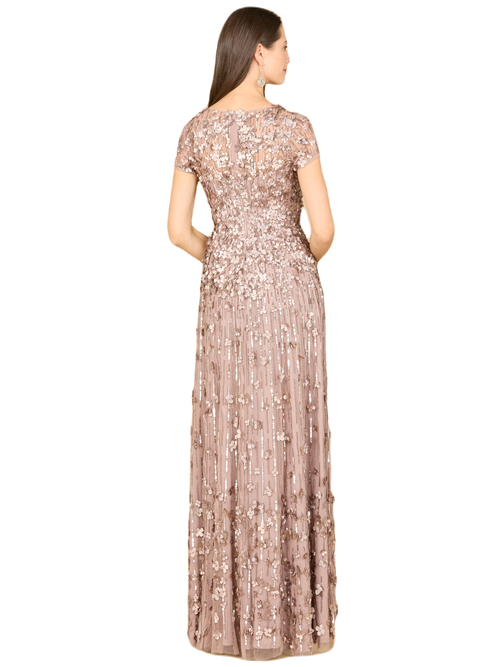 Lara New York 3d Floral Embellished Cap Sleeve Gown In Darktaupe