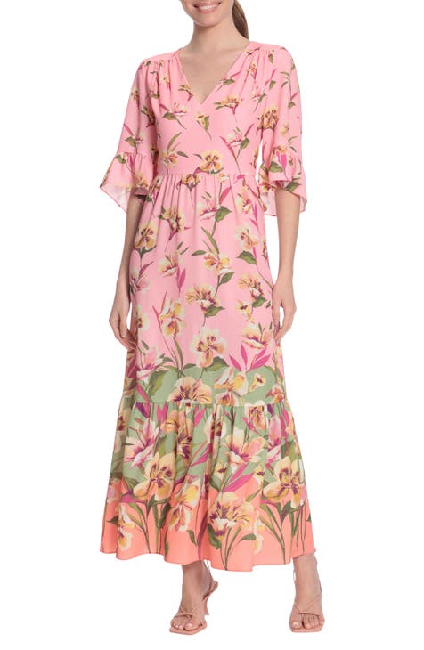 Blooming V-Neck High Low Flounce Sleeve Dress