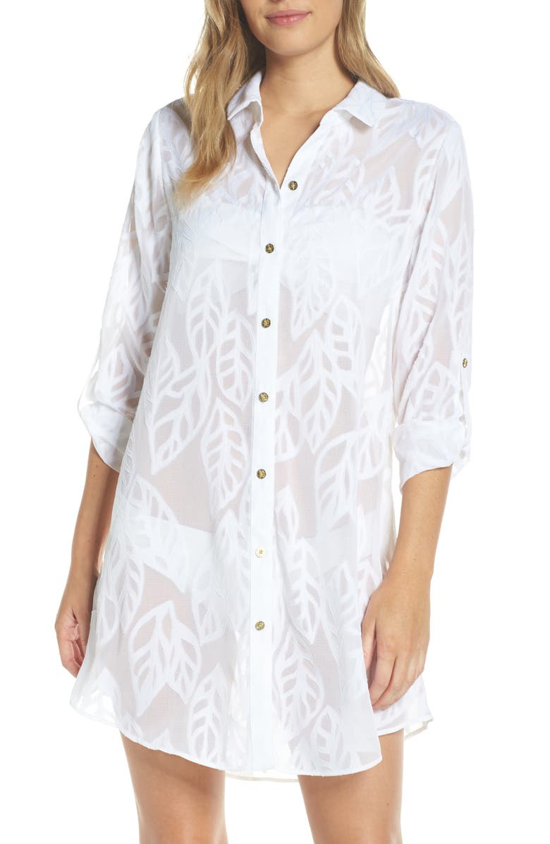 Natalie Shirtdress Cover-Up, Main, color, RESORT WHITE VERTICAL LEAF