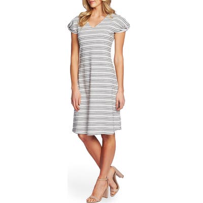 Cece Puffed Sleeve Striped Shift Dress, Ivory