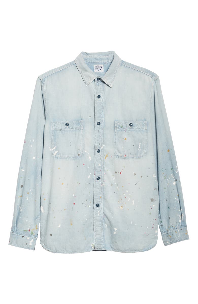 Orslow Paint Splatter Bleached Chambray Long Sleeve Button Up