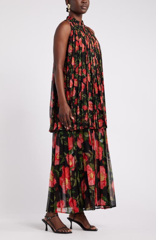 Nordstrom X Harlem's Fashion Row Harbison Floral Long Sleeve Pleat Maxi Dress In Black- Red Poppy Float