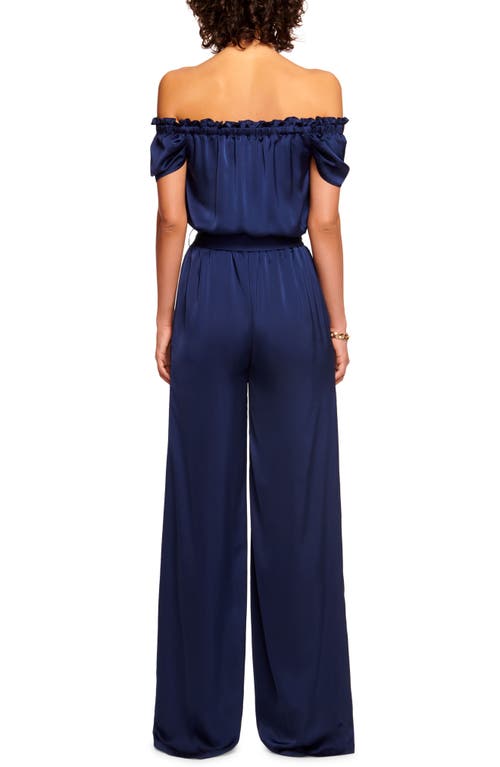 Shop Ramy Brook Lee Off The Shoulder Satin Jumpsuit In Spring Navy