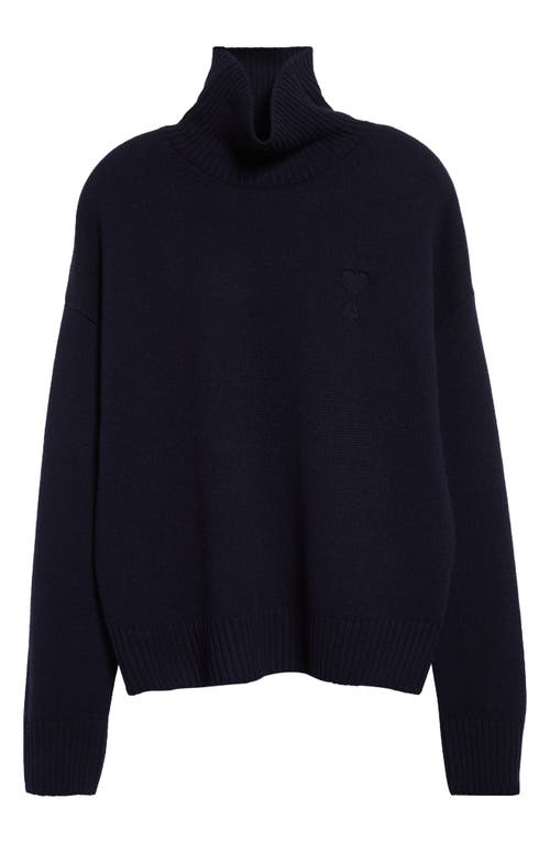 Shop Ami Alexandre Mattiussi Ami Paris Ami De Coeur Merino Wool & Cashmere Turtleneck Sweater In Navy Blue/4011