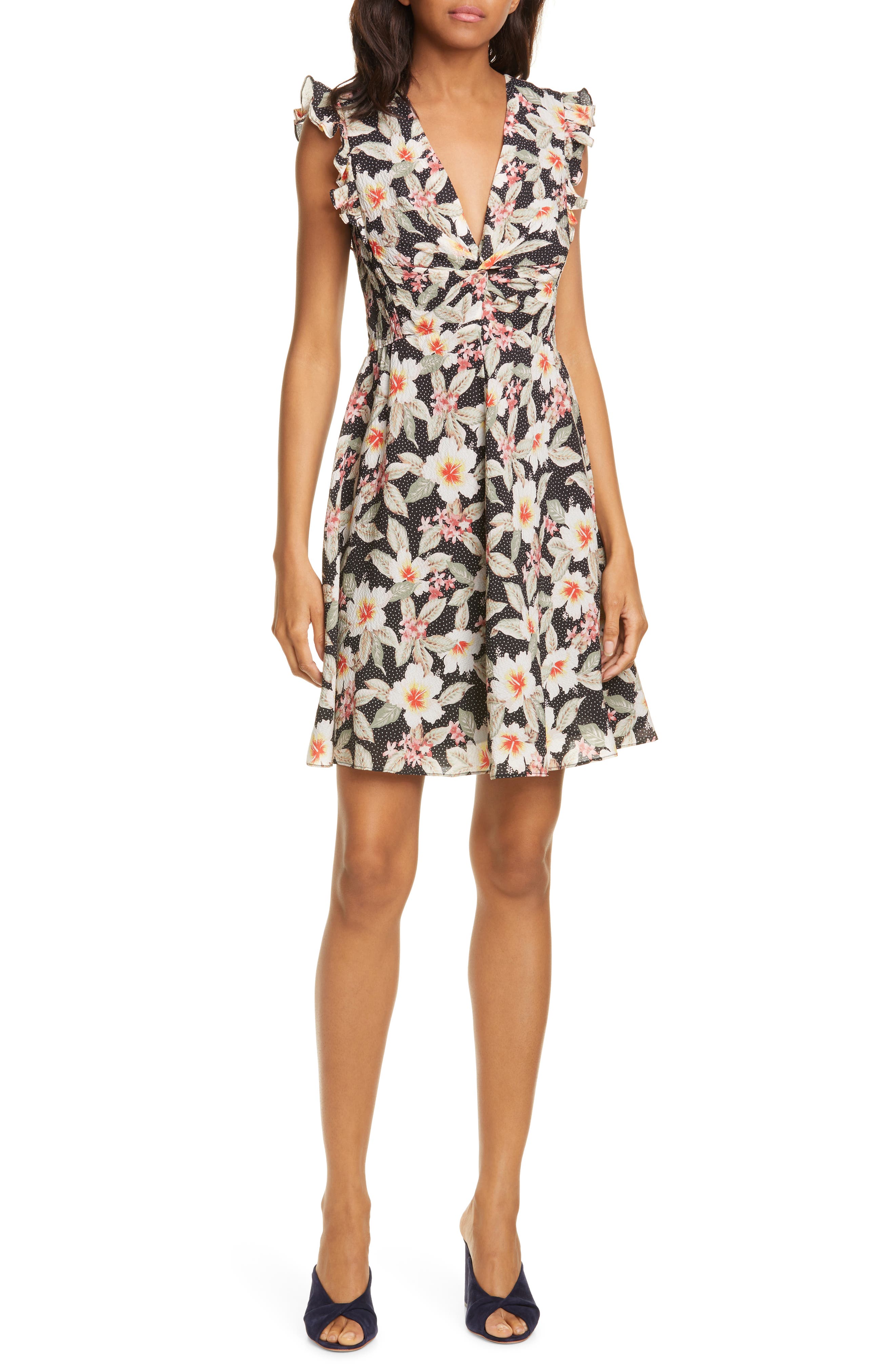 Rebecca Taylor Kamea Floral Print Fit & Flare Dress, Black
