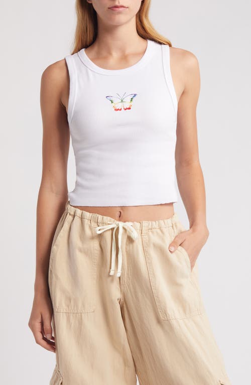 Golden Hour Rainbow Butterfly Embroidered Cotton Tank In White
