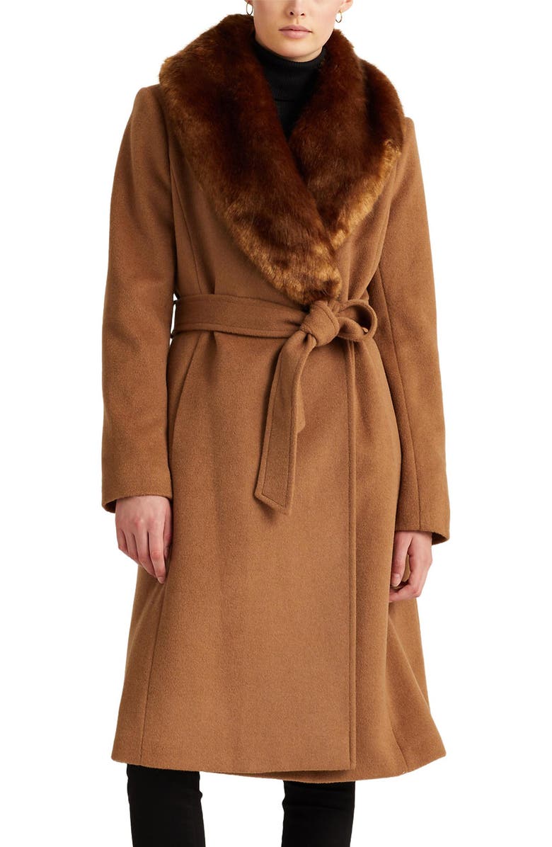 Wool Blend Belted Wrap Coat with Faux Fur Collar | Nordstrom